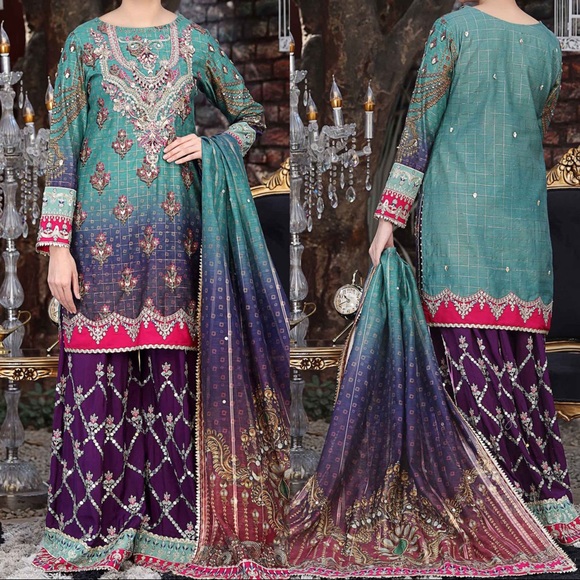 Dresses & Skirts - FANCY LUXURY PAKISTANI MEHNDI LEHENGA GHARARA SHARARA SHALWAR KAMEEZ WEDDING